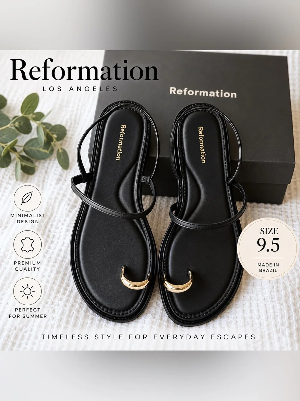 Reformation Black Leather Toe Ring Sandals Gold Hardware Size 9.5